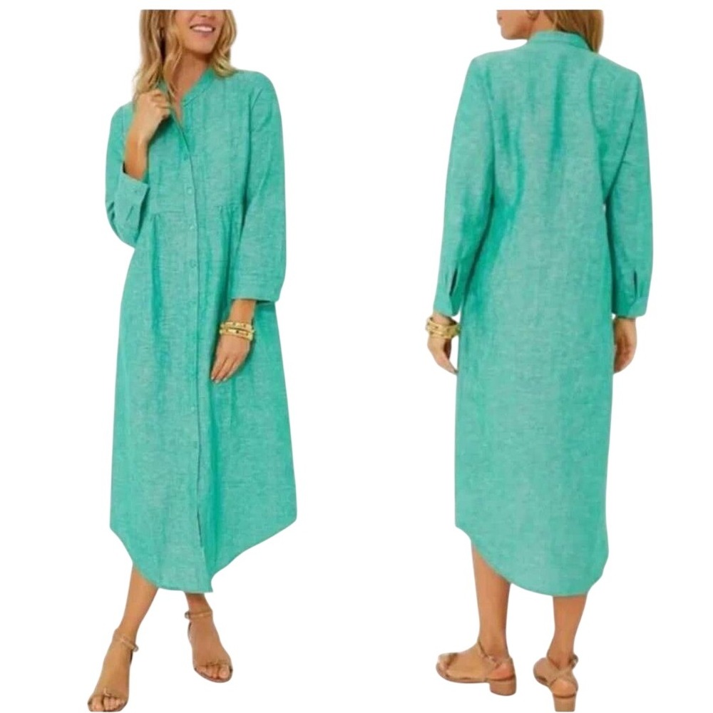 Tuckernuck Lydell Linen Cotton Maxi Dress Button Front Sea Green NWT XXXL Resort